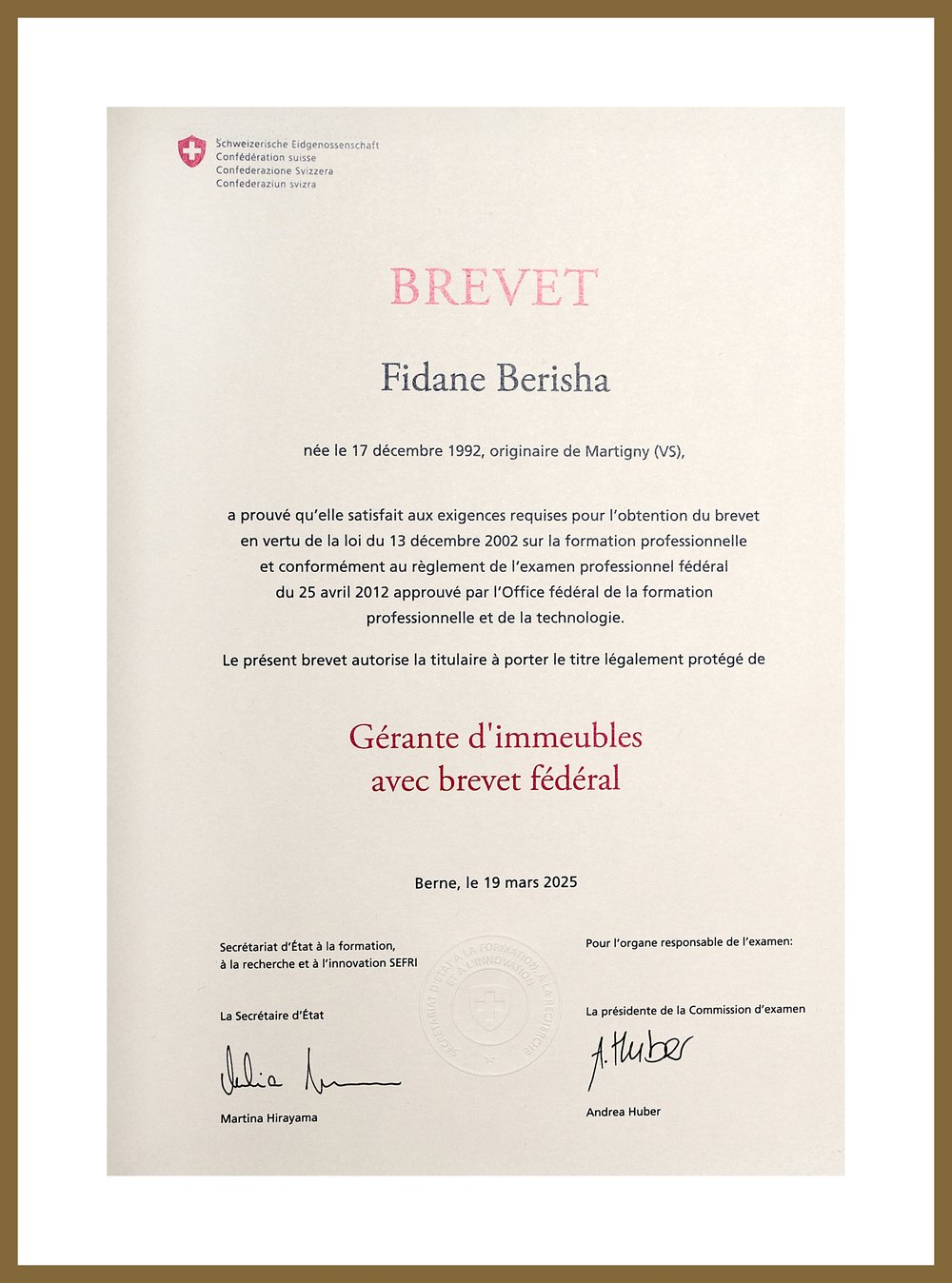 Brevet fédéral de Gérante d’immeubles